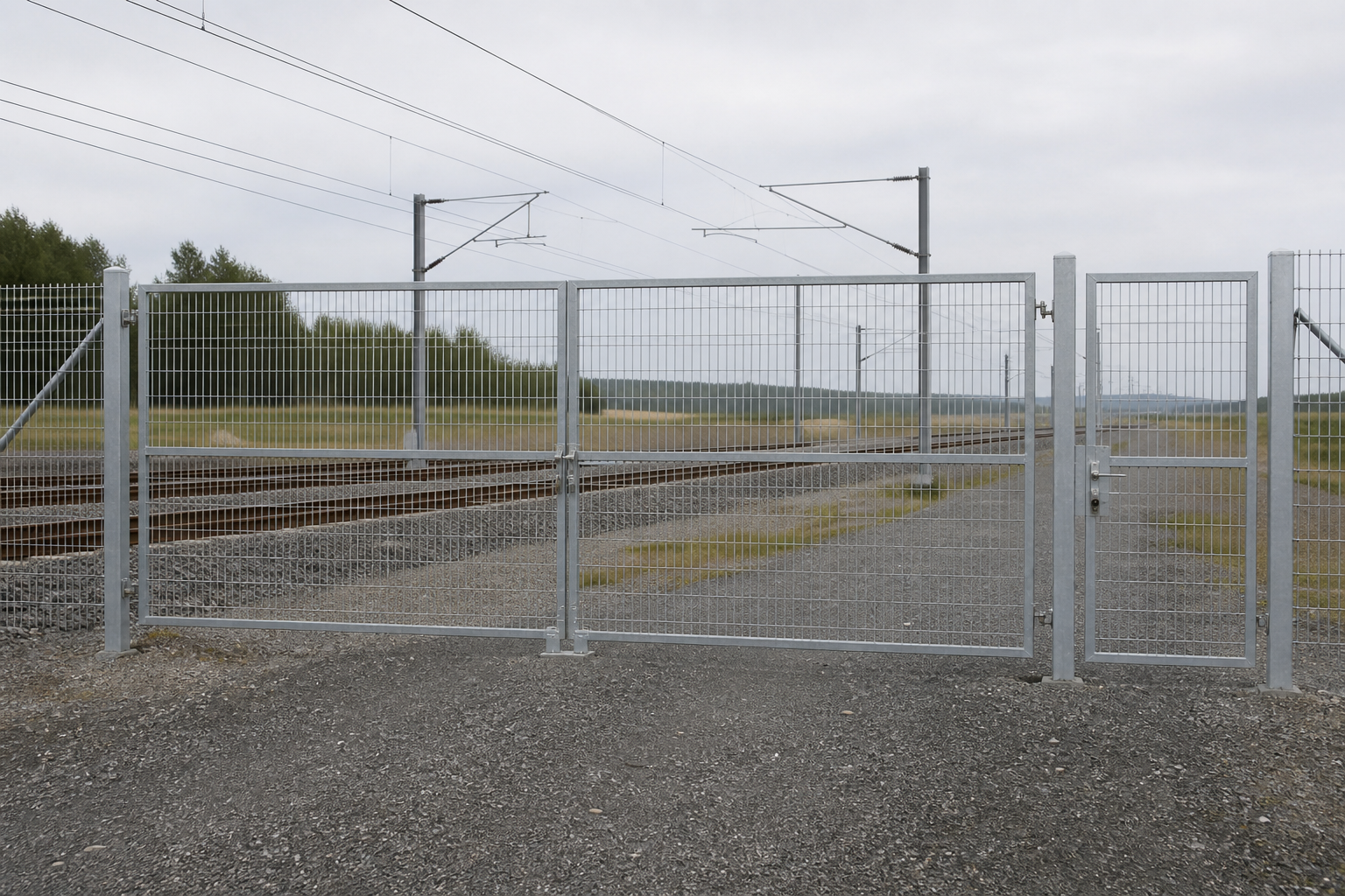 Verzinktes zweiflügeliges Bahntor mit Gehtor an einem Gleiszugang
